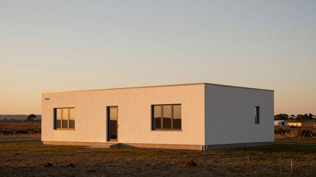 A modern, simple rectangular house with a minimalist design during a golden hour sunset.