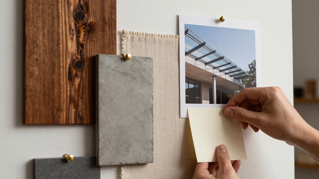 A mood board with material samples of charred wood, concrete, and fabric.