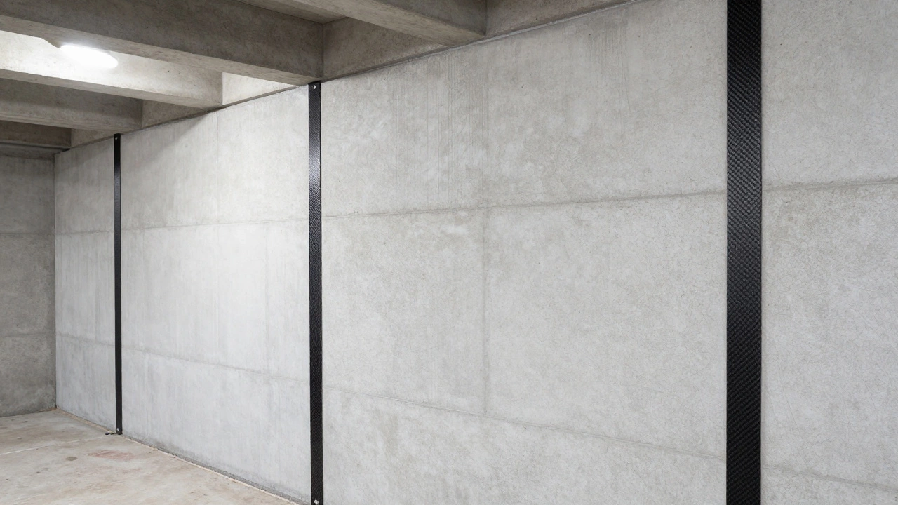 Black carbon fiber reinforcement straps installed vertically on a basement wall.