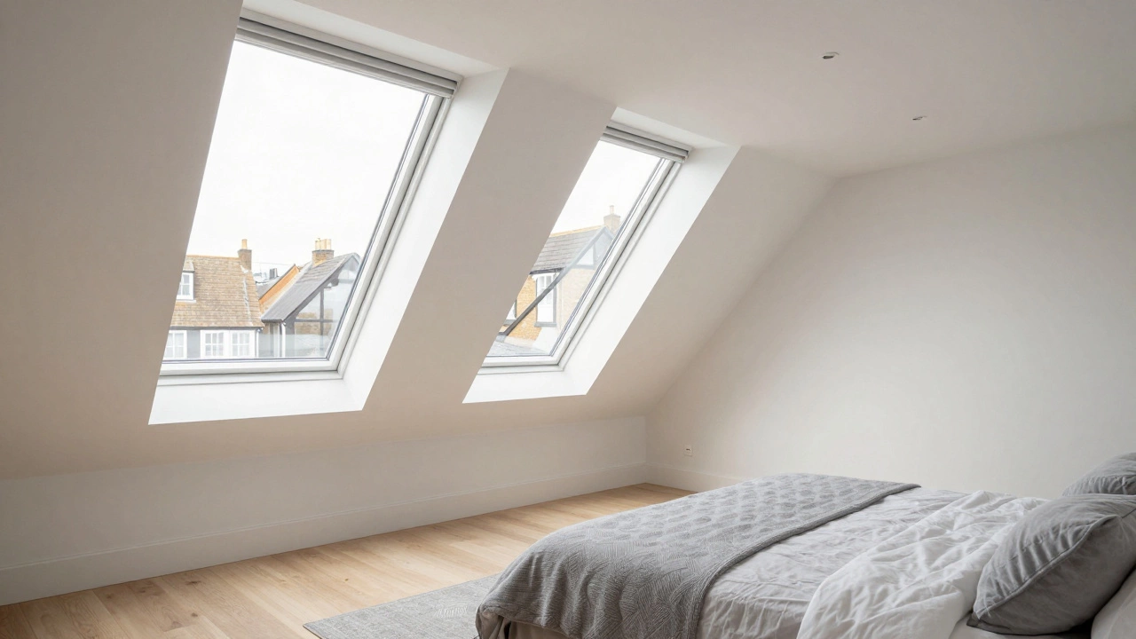 Bright, modern bedroom in a completed loft conversion with skylight windows
