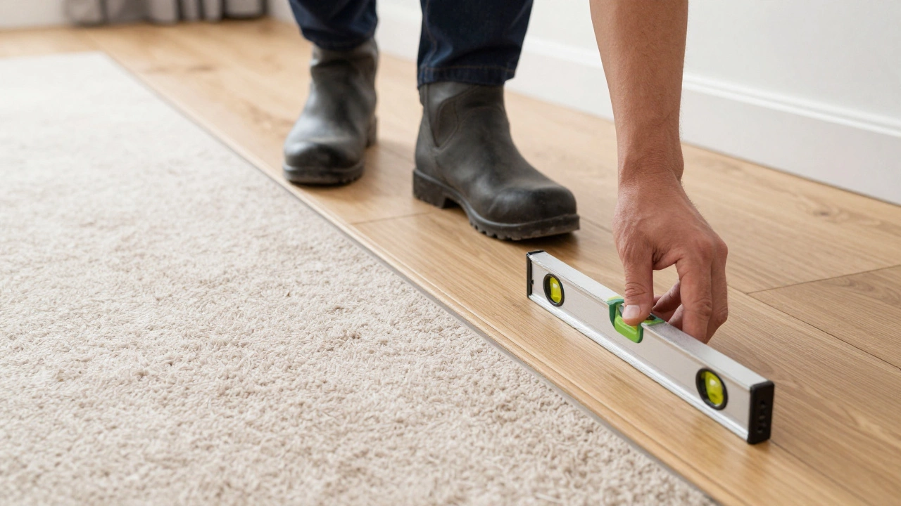 Close-up of a floor transition between carpet and hardwood being inspected for levelness.