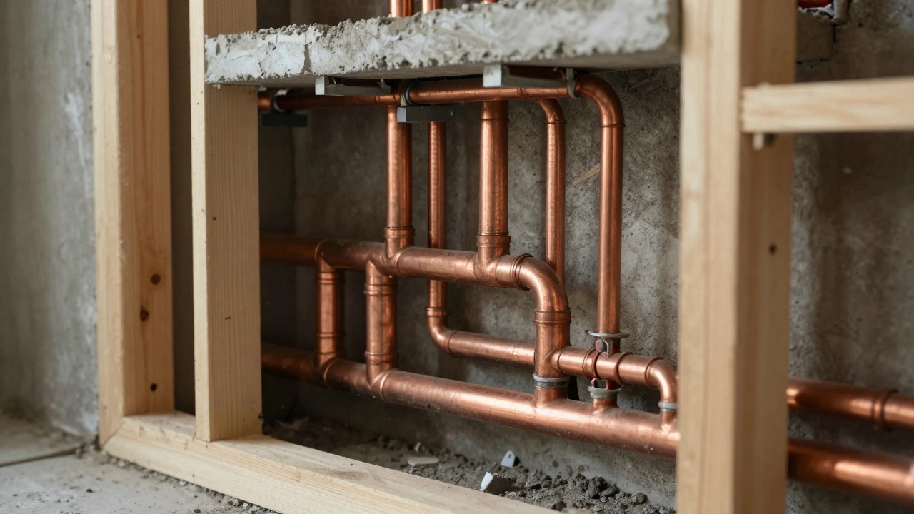 Close-up of new plumbing and electrical wiring being installed inside a house wall