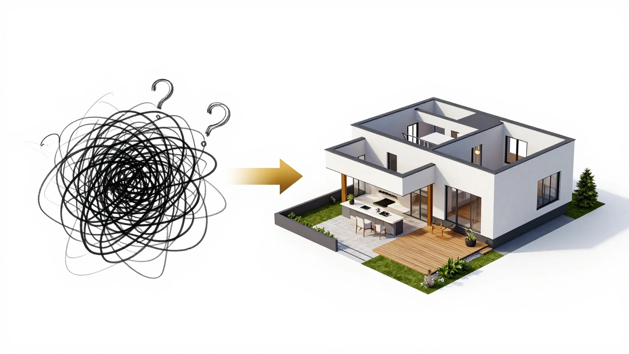 Comparison between a chaotic sketch and a precise 3D architectural house model.