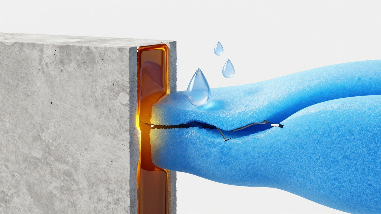 Comparison of epoxy resin and polyurethane foam filling concrete cracks.