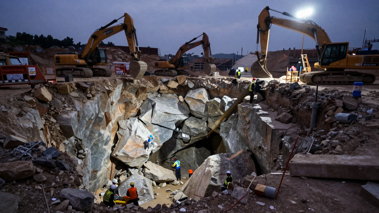 Construction workers discovering a granite rock layer in a deep tunnel excavation.