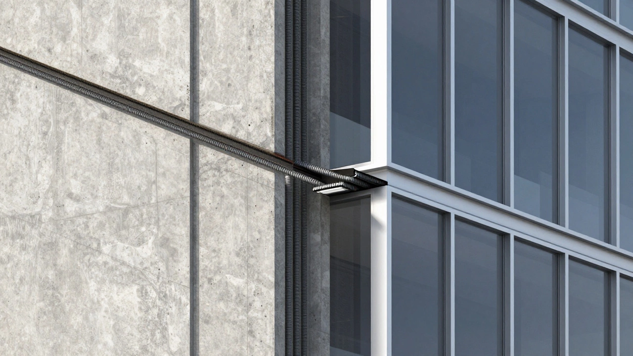 Cross-section showing steel rebar inside concrete with aluminum and glass frames.