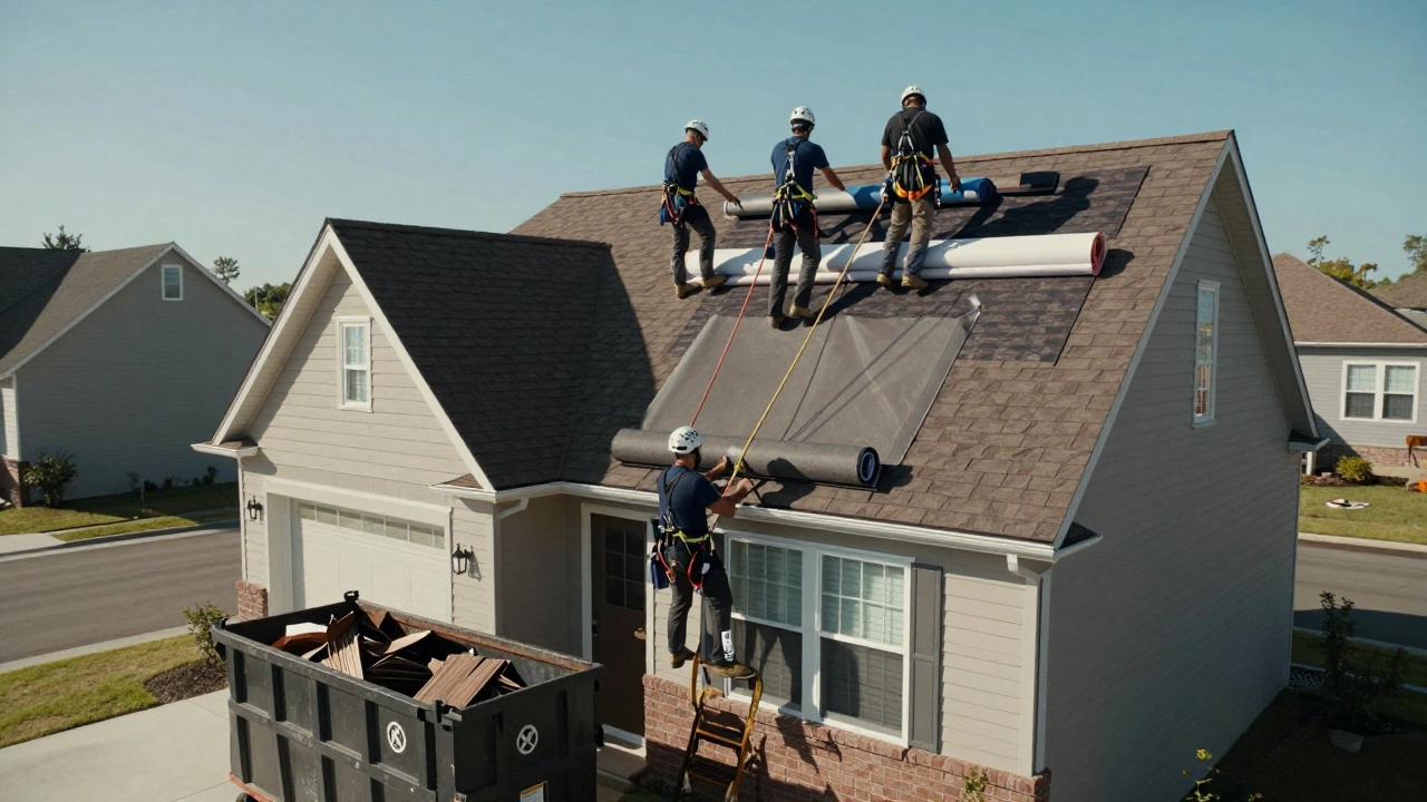 Professional roofing crew installing a new roof system with safety gear