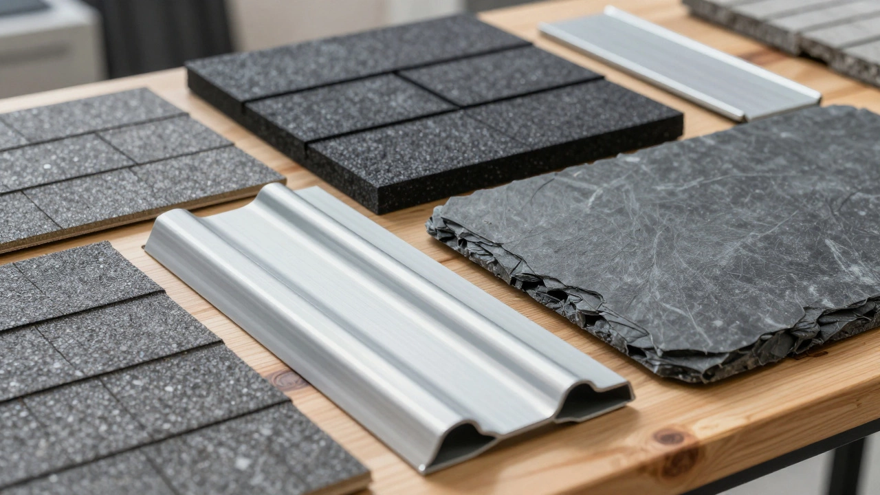 Samples of 3-tab, architectural, metal, and slate roofing materials