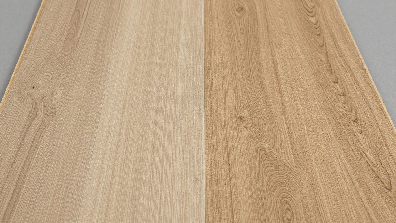 Side-by-side comparison of cheap builder-grade laminate and premium luxury vinyl tile.