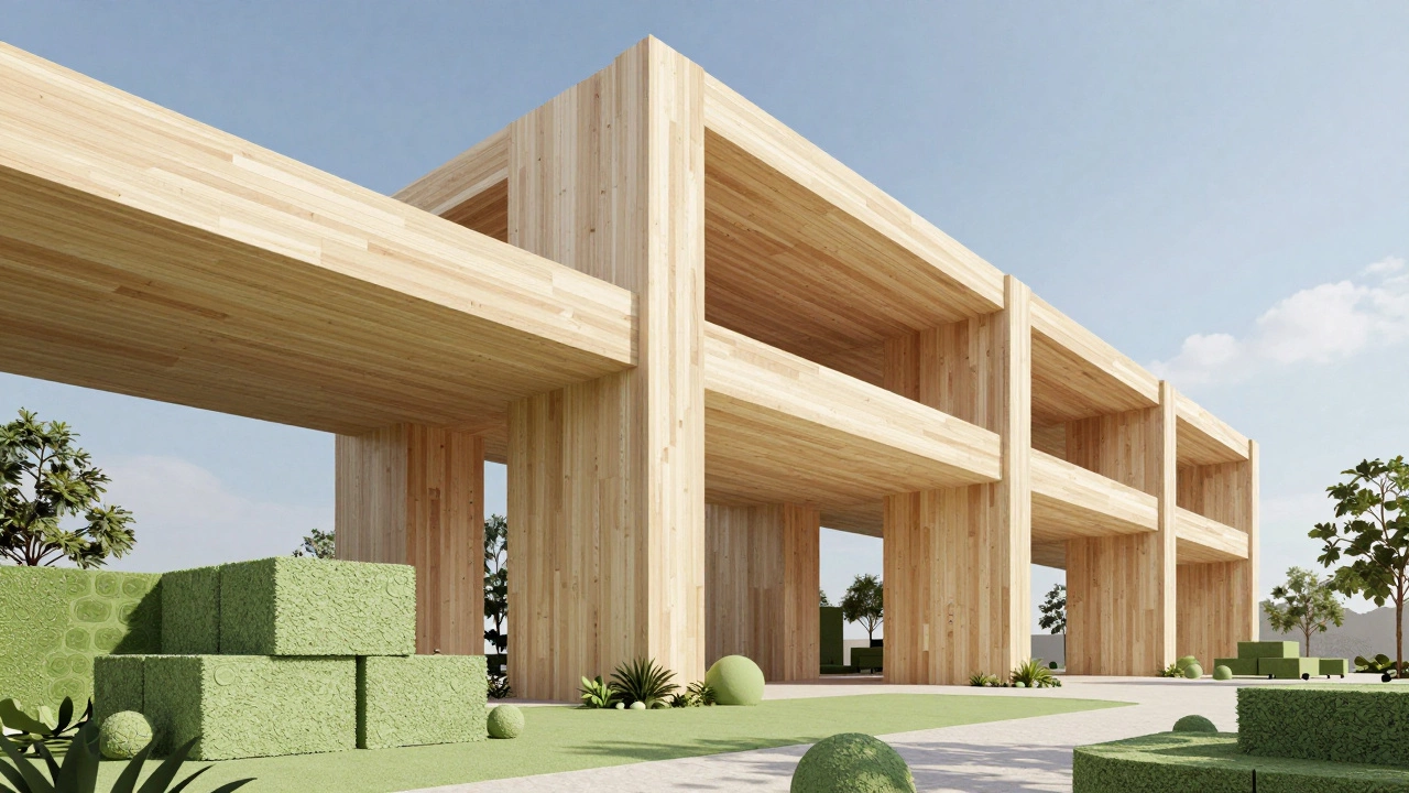 Sustainable high-rise building being constructed using CLT timber and hempcrete.