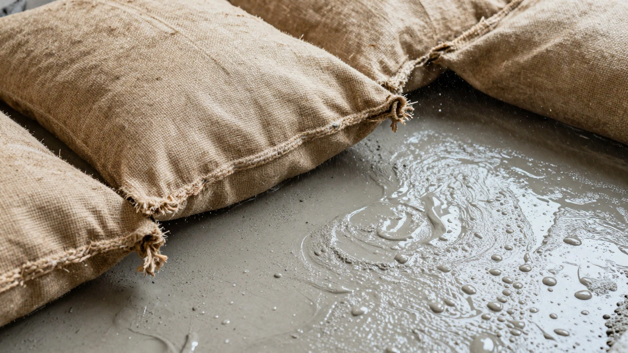 Wet burlap sacks and water spray used for wet curing a fresh concrete house slab.