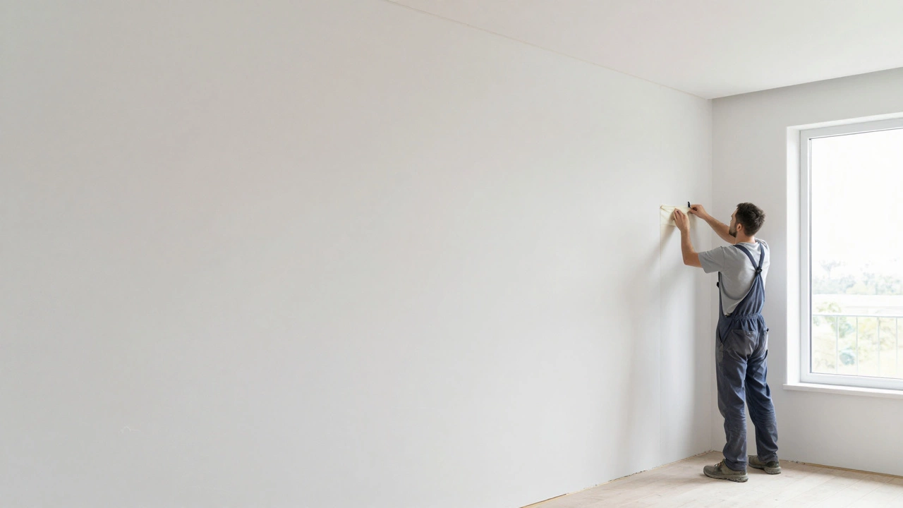 Worker applying fiberglass mesh tape to a drywall corner in a bright new home interior.