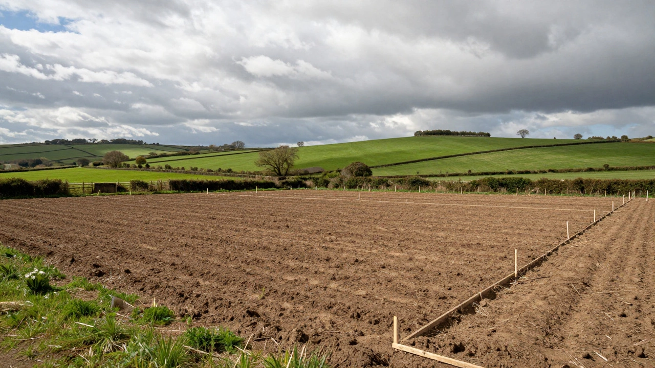 A cleared plot of land in the English countryside, symbolizing strategic land ownership for building.