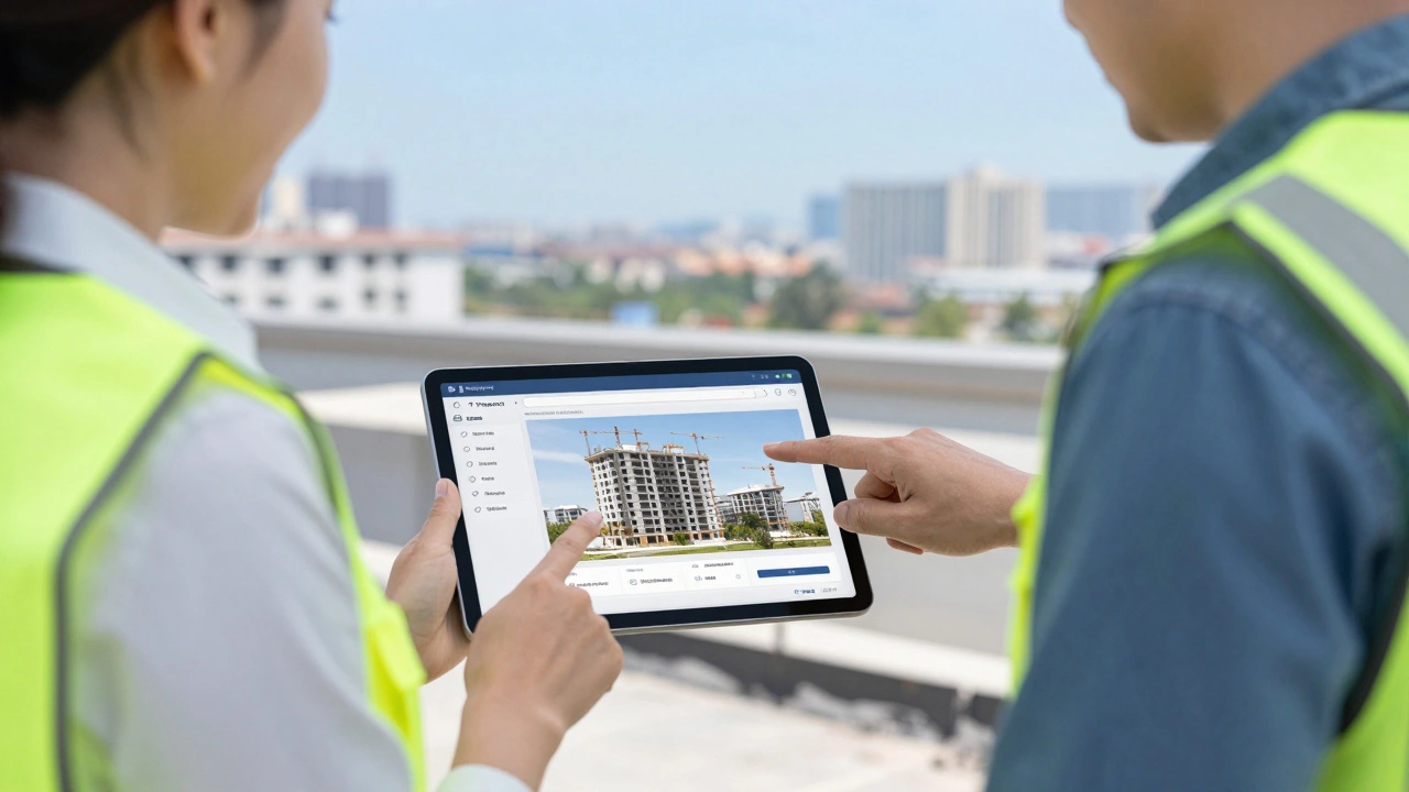 Client and manager reviewing project completion on a tablet on a rooftop