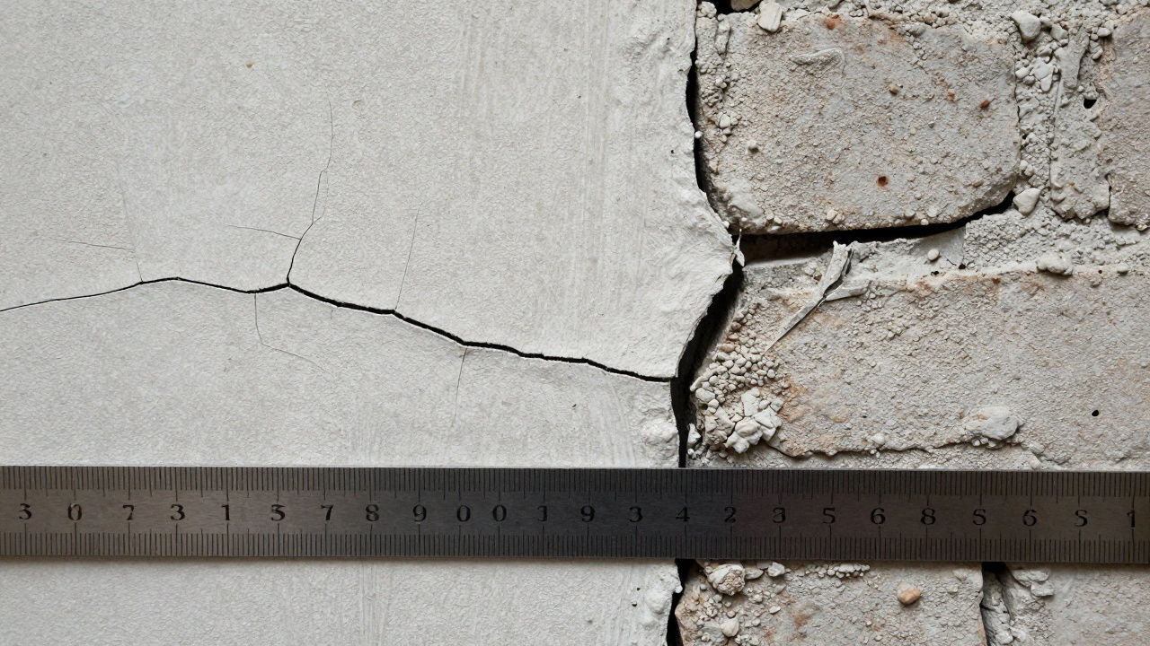 Close-up comparison of cosmetic vs structural wall cracks with ruler