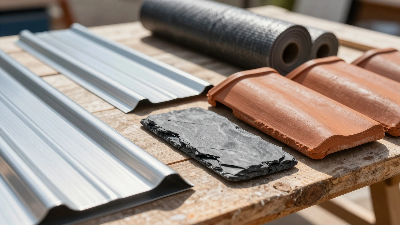 Close-up of expensive roofing materials like steel, tile, and slate