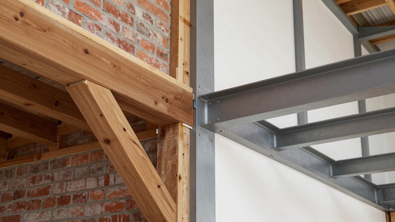 Close-up of steel mezzanine meeting old timber and brick with fire wall