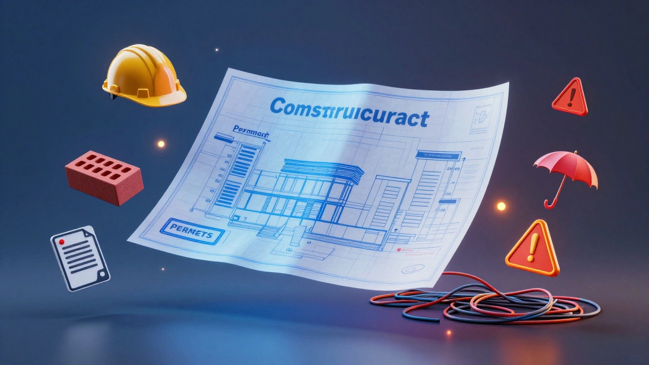 Conceptual graphic showing construction costs, permits, and risks around a blueprint
