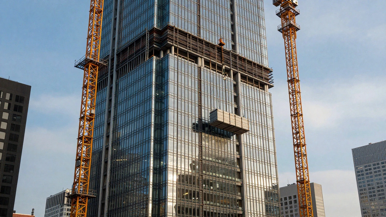 Cranes lifting modules onto a glass skyscraper under construction.