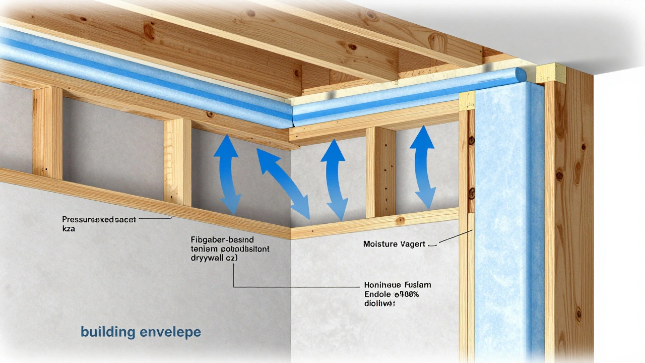 Cross-section diagram showing moisture-resistant building materials and sealed wall joints.