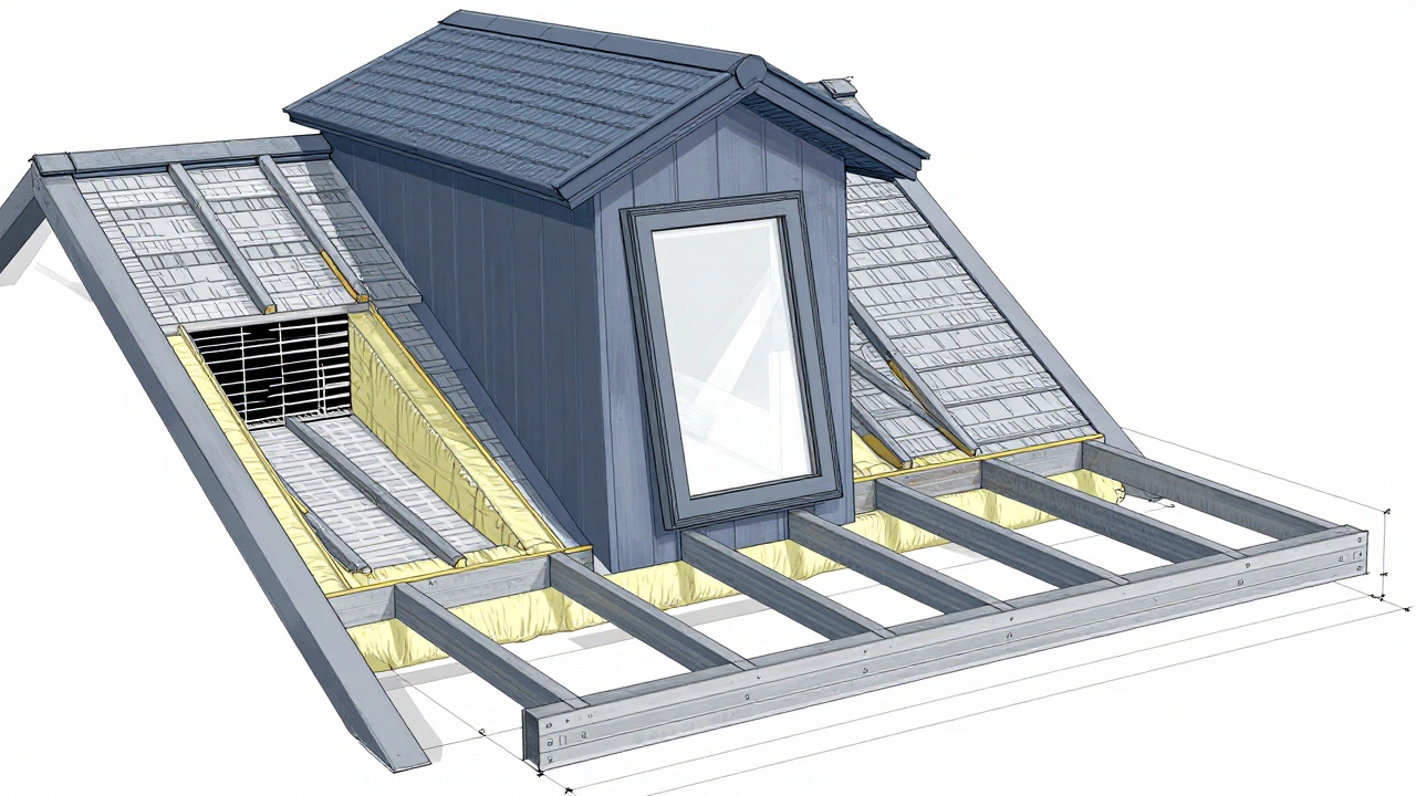 Cross-section diagram showing reinforced beams, insulation, and dormer window