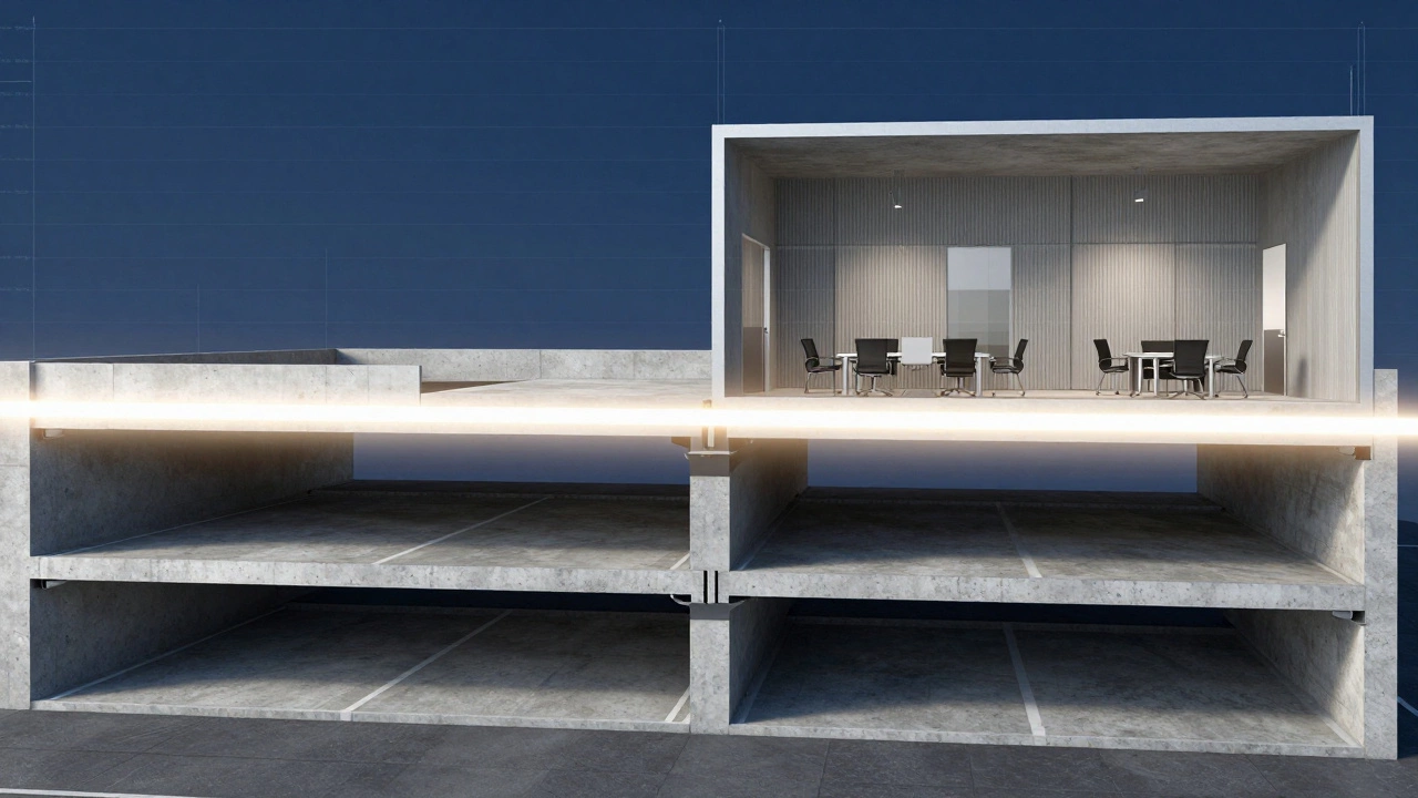 Cross-section showing fire-rated slab separating parking from offices