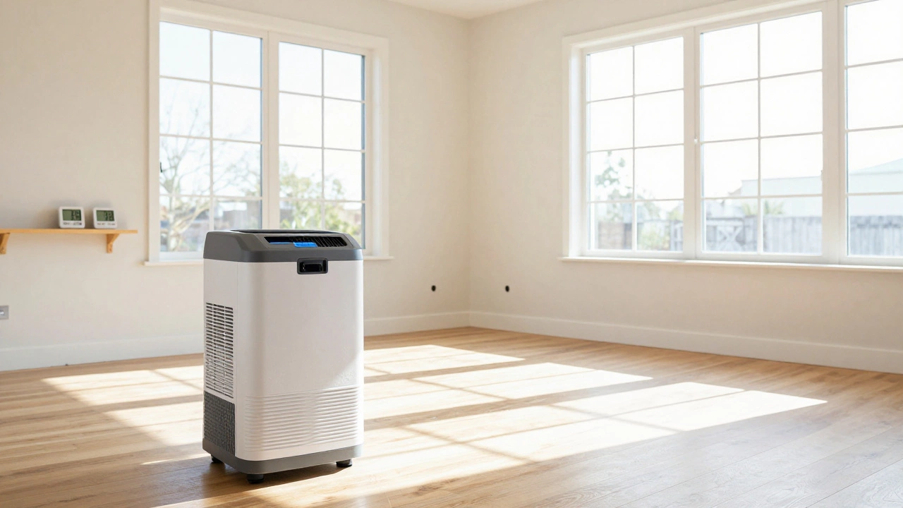 Dehumidifier running in a sunlit new home to dry out construction moisture.