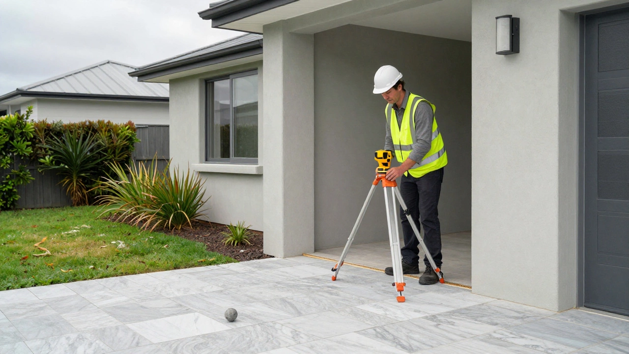 Engineer inspecting a home foundation with laser leveling tools