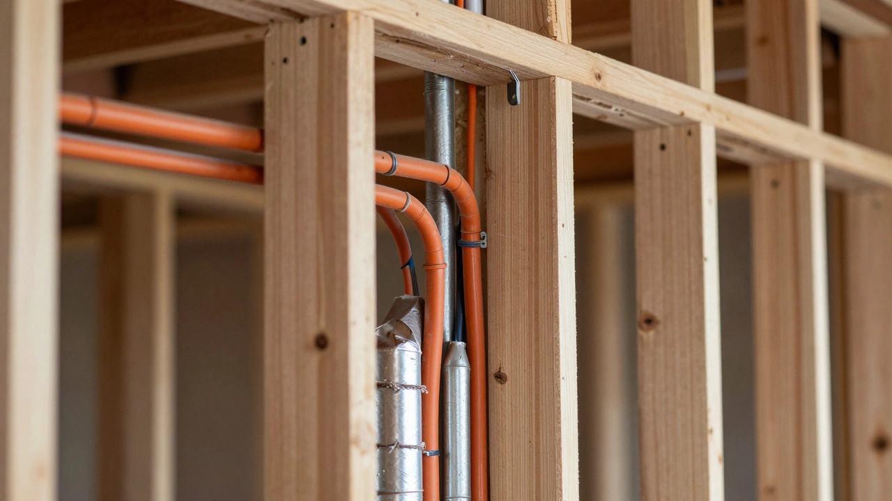 Exposed electrical wiring and plumbing pipes inside wall studs