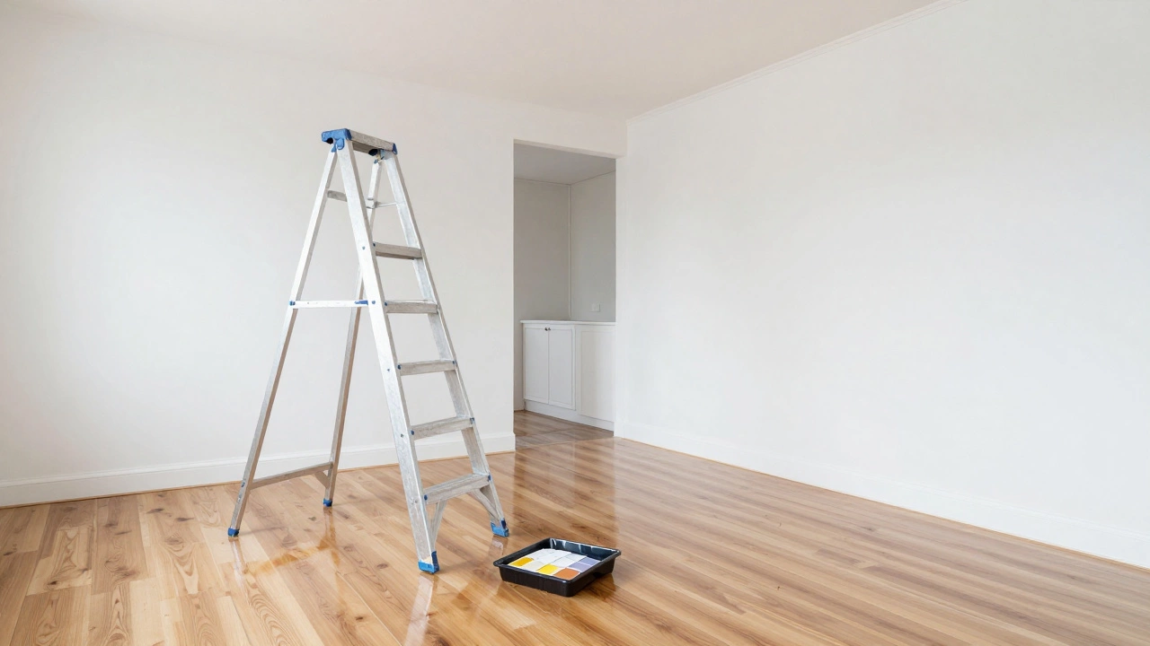 Freshly painted walls and new hardwood floors in renovated room