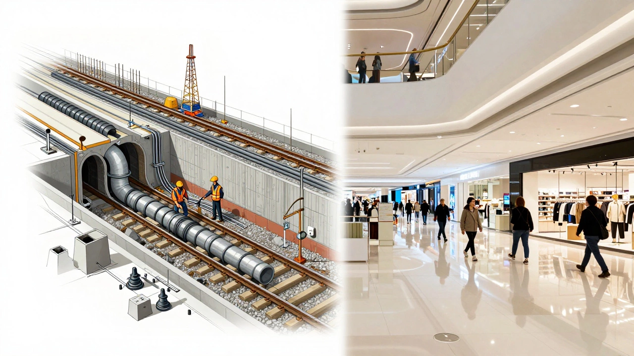 Illustration contrasting underground utilities with a modern shopping mall.