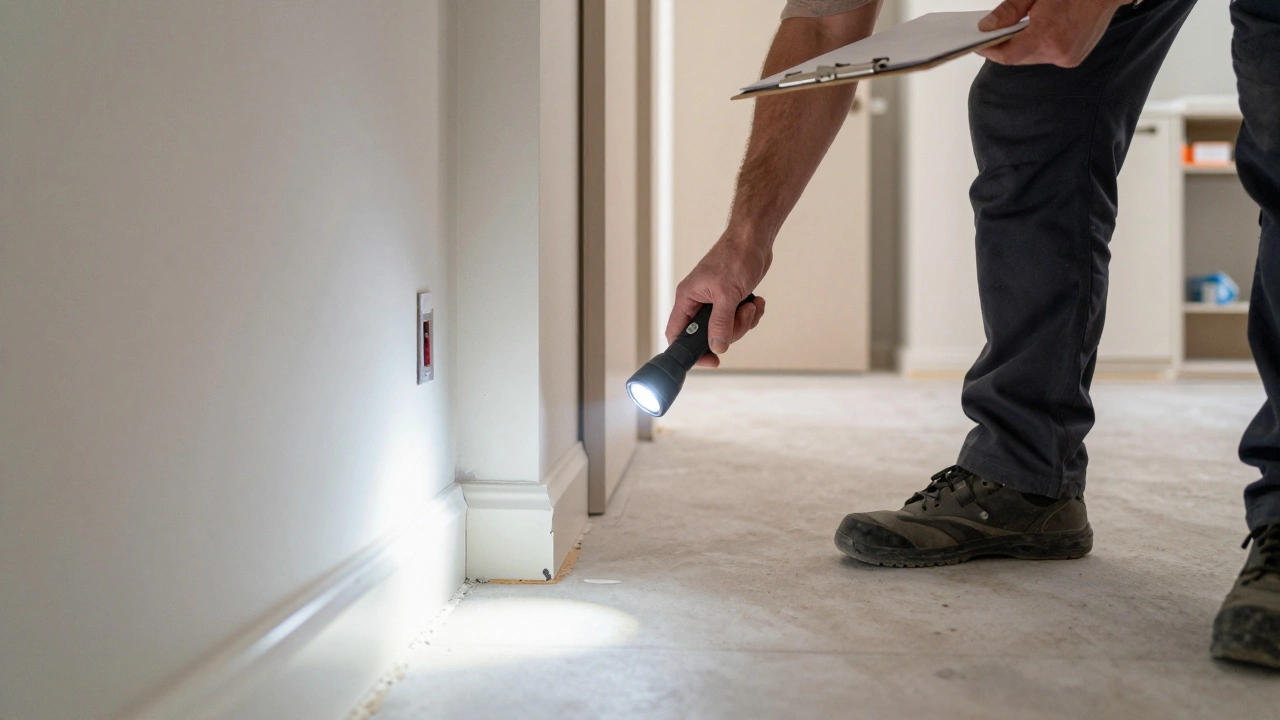 Inspector checking defects in a new build house hallway