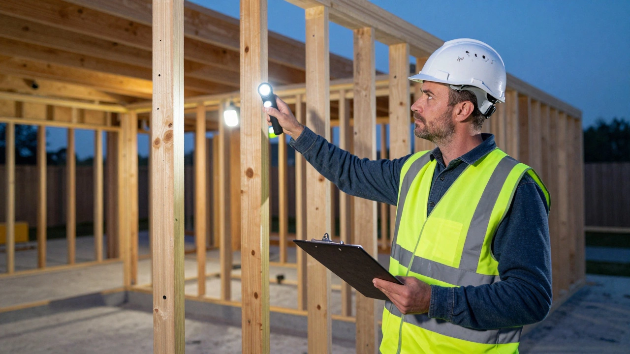 Inspector checking foundation of new build home at dusk