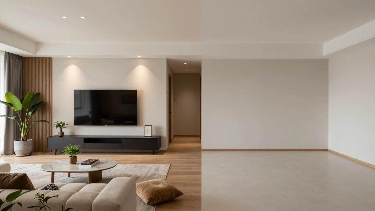 Staged show flat with TV versus bare empty room reality