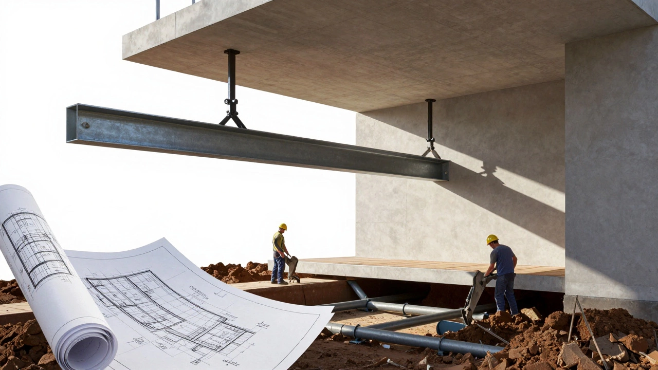 Steel beam installation during structural home renovation