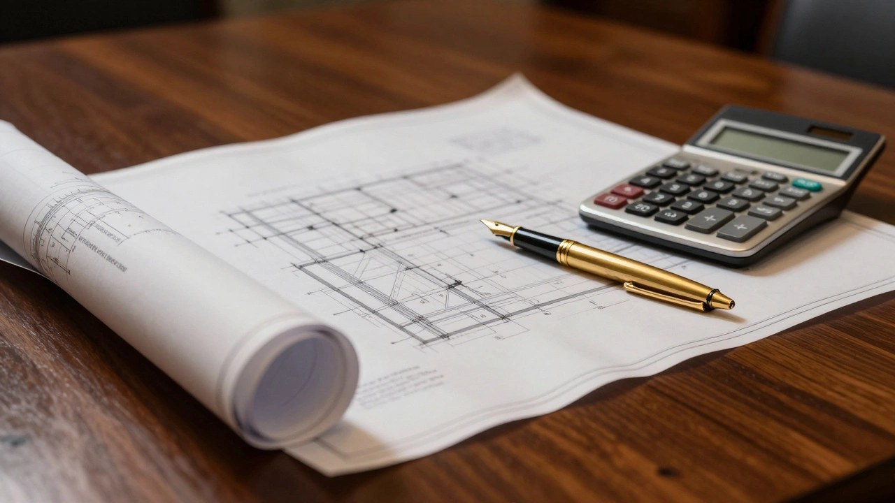 Blueprints and pen on a wooden table symbolizing strategy