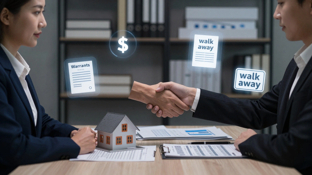 Buyer and seller negotiating house purchase with contract documents