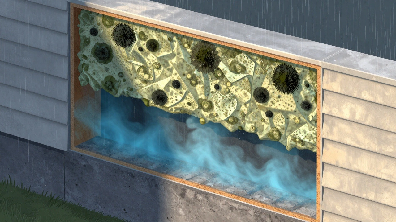 Cross-section of a wall showing hidden mold growth