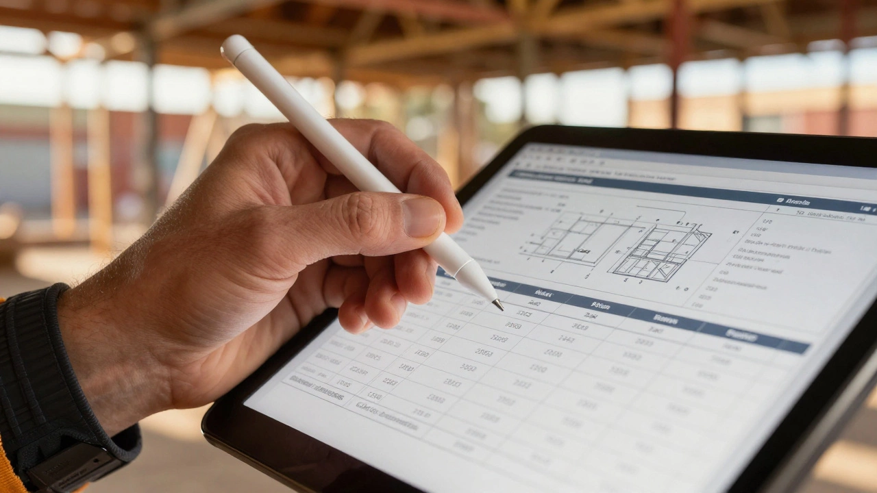 Hand using a tablet to review construction codes on a job site