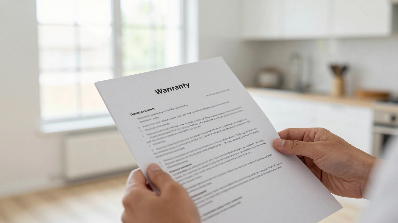 Hands holding construction contracts with blurred new home kitchen background