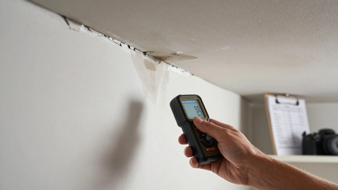 Homeowner checking wall for damp patches with moisture meter