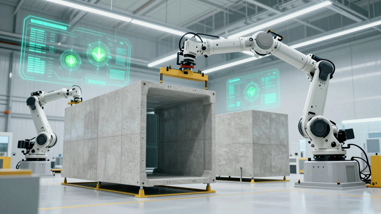 Modular building modules being assembled by robots