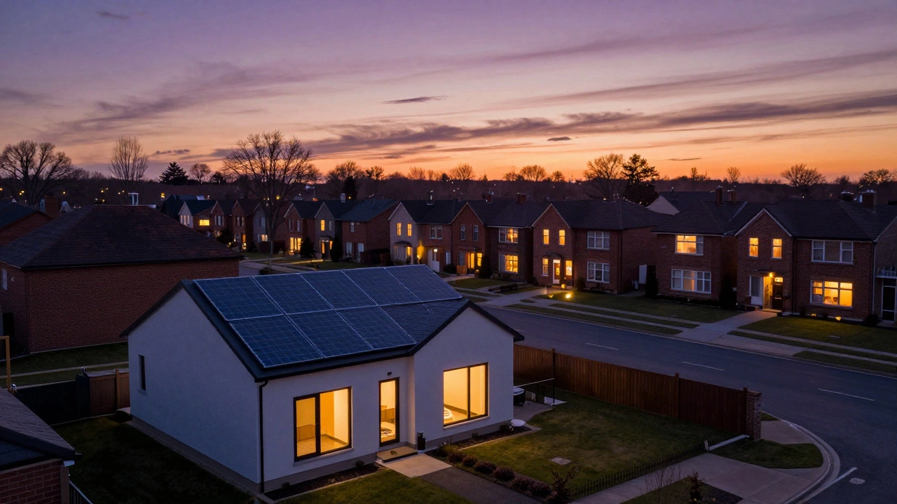 New eco-friendly home glowing at dusk next to traditional houses in a suburb.