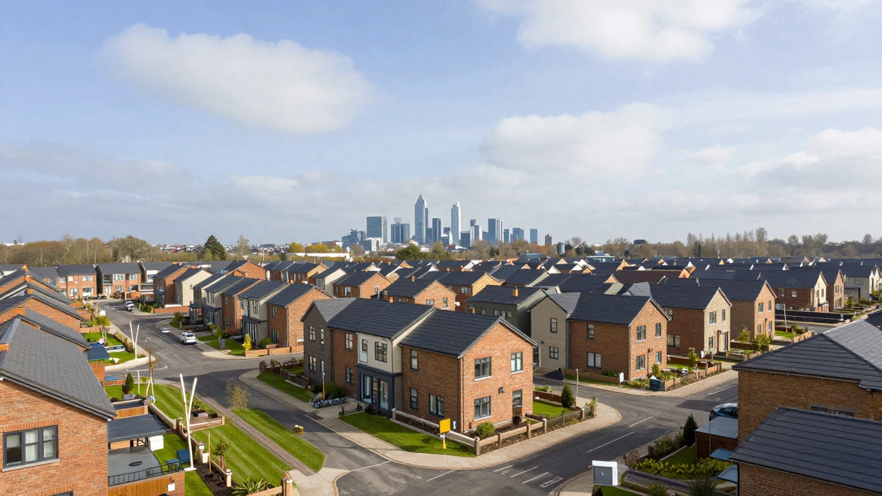 Newly built suburban homes on the urban fringe with city skyline in distance.