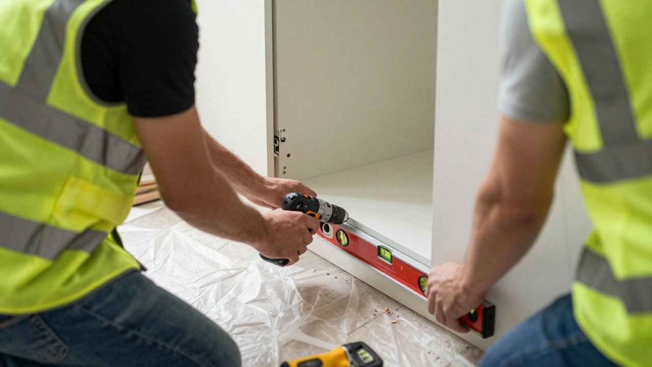 Professional fitters installing kitchen cabinets in a home
