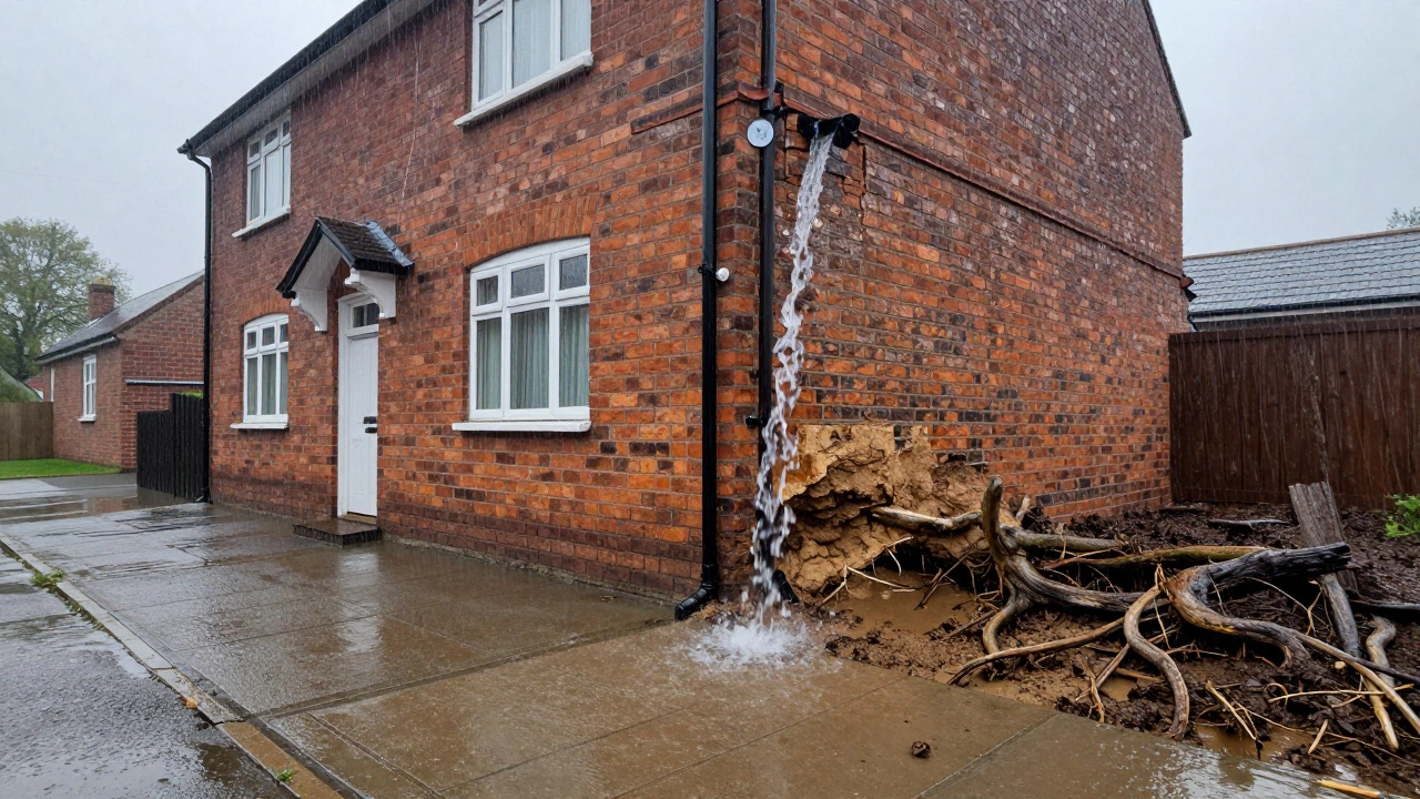 Rainwater pooling near a house foundation due to poor gutter drainage