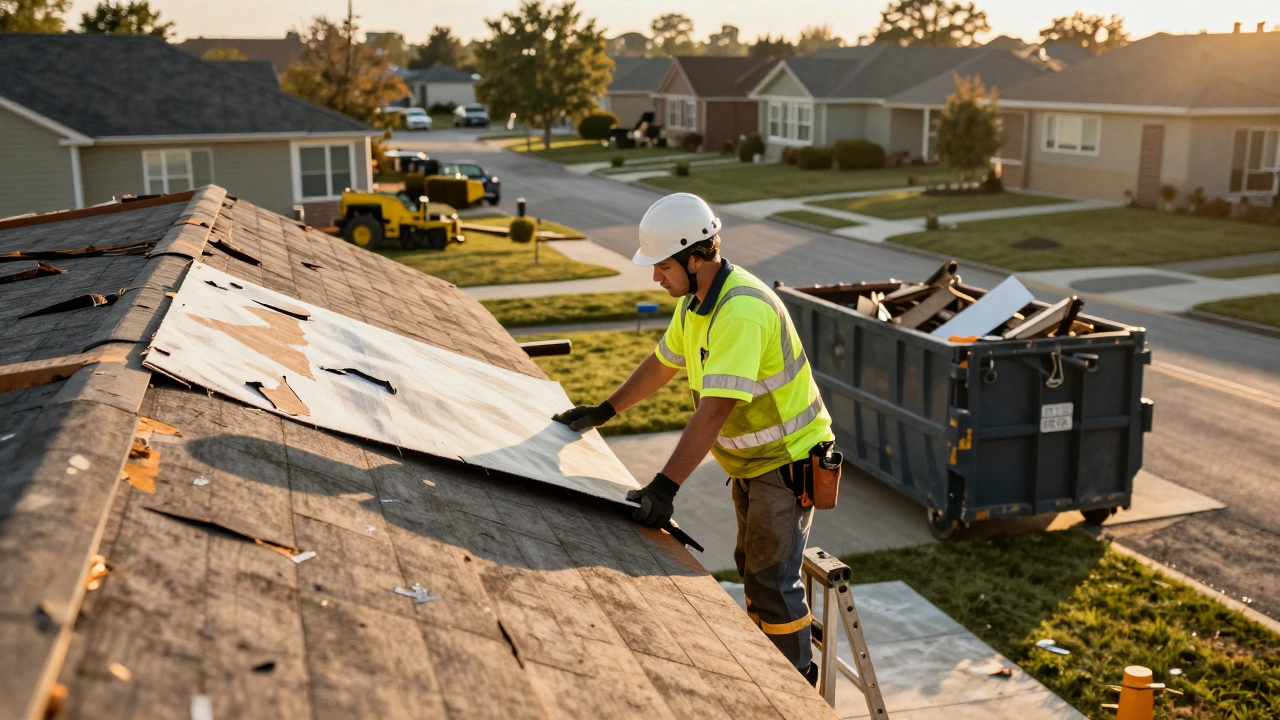 Roofer inspecting new underlayment on residential house