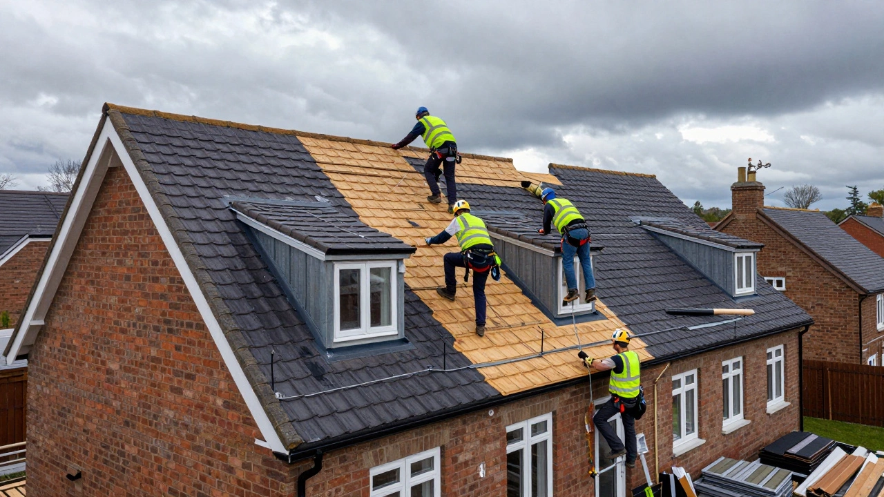 Roofers installing tiles on a complex steep roof under cloudy skies