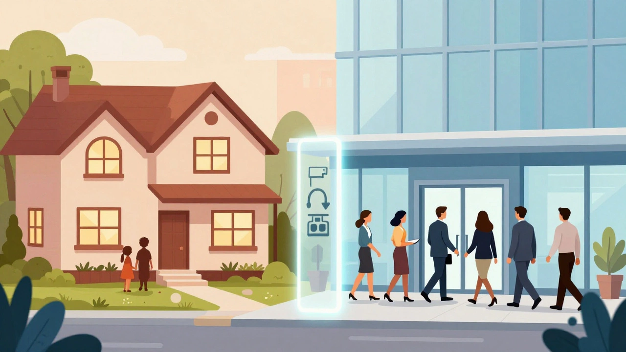 Split illustration comparing residential homes and commercial offices