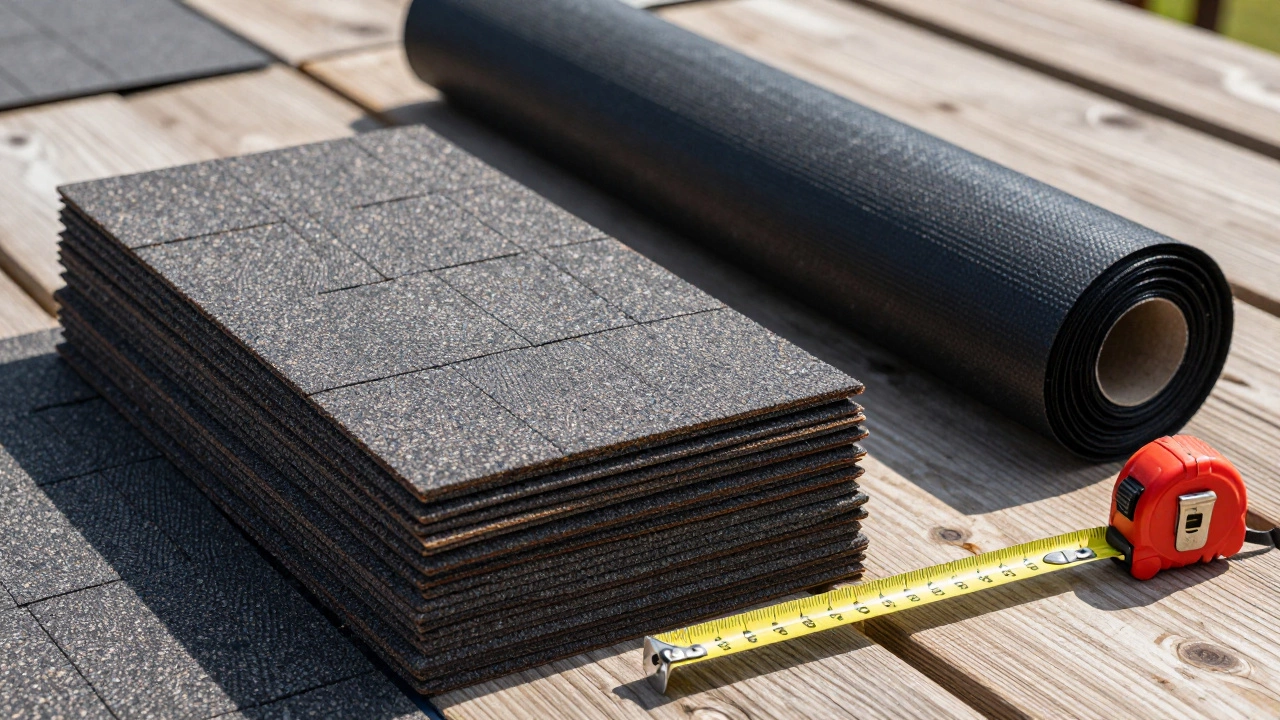 Stacked shingle bundles and underlayment roll on wooden roof deck